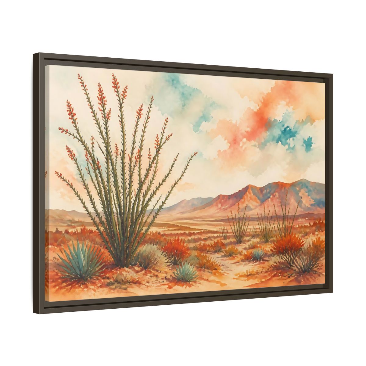 Side Mockup 11. Sunlit Ocotillo Landscape shown as framed canvas print