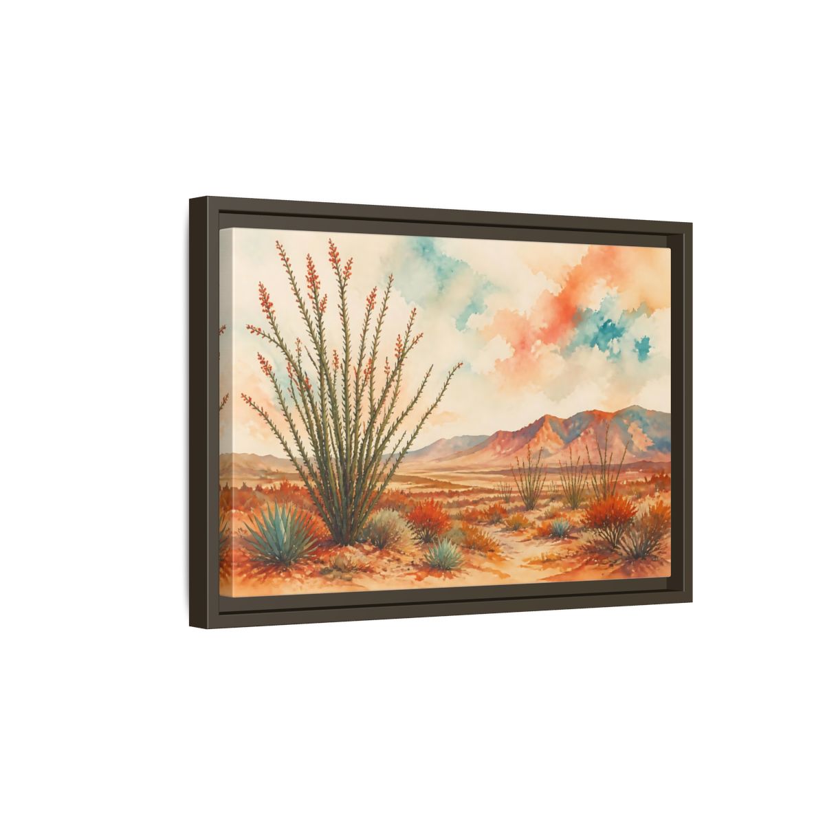 Side Mockup 5. Sunlit Ocotillo Landscape shown as framed canvas print