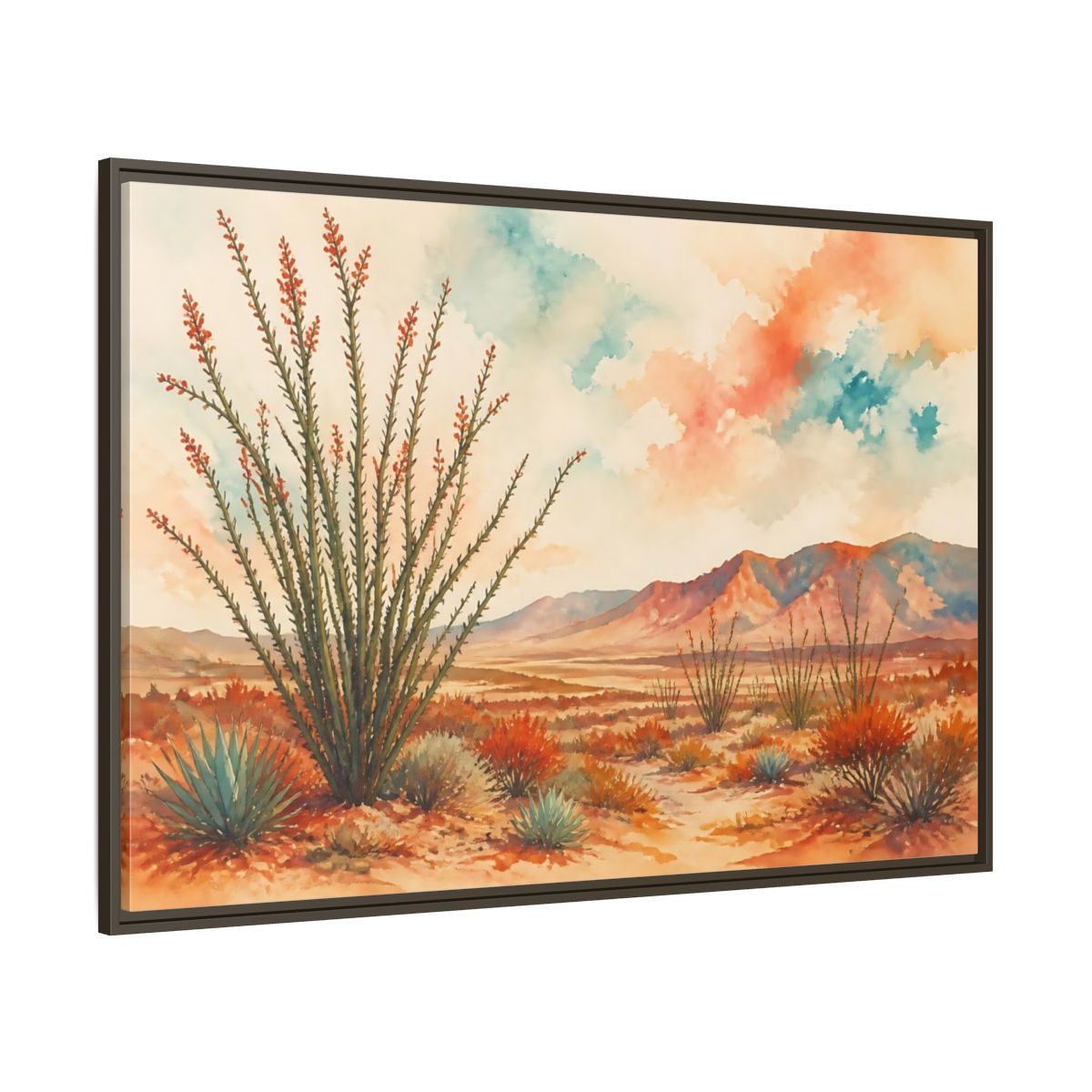 Side Mockup 8. Sunlit Ocotillo Landscape shown as framed canvas print