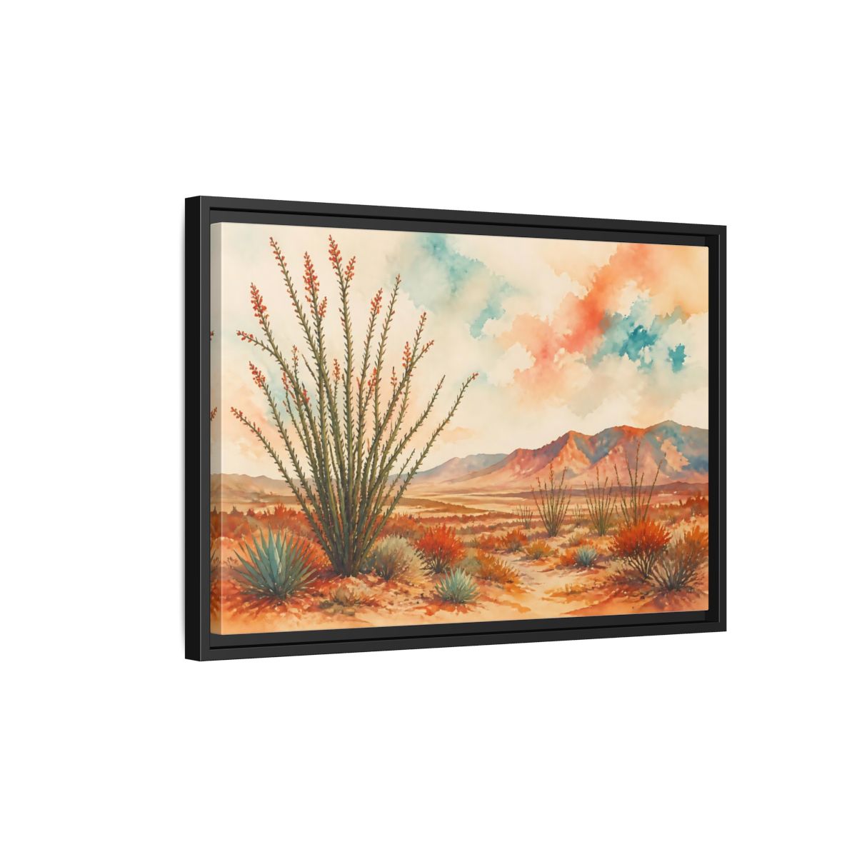 Side Mockup 3. Sunlit Ocotillo Landscape shown as framed canvas print