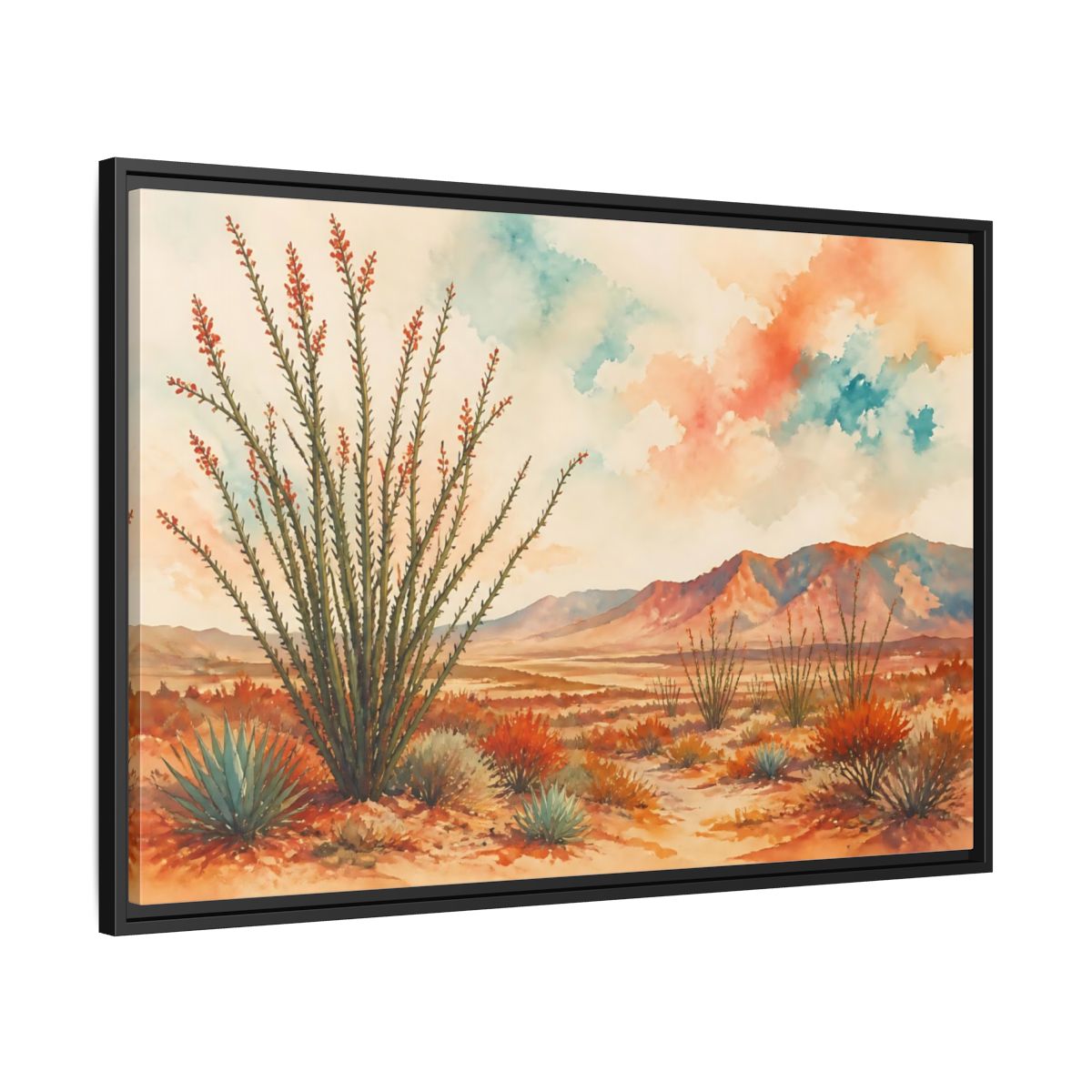 Side Mockup 13. Sunlit Ocotillo Landscape shown as framed canvas print