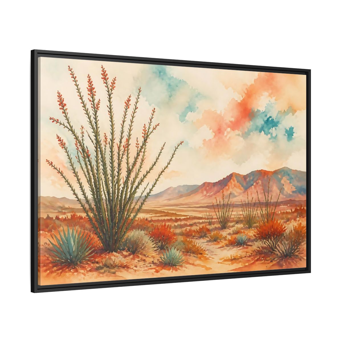 Side Mockup 12. Sunlit Ocotillo Landscape shown as framed canvas print