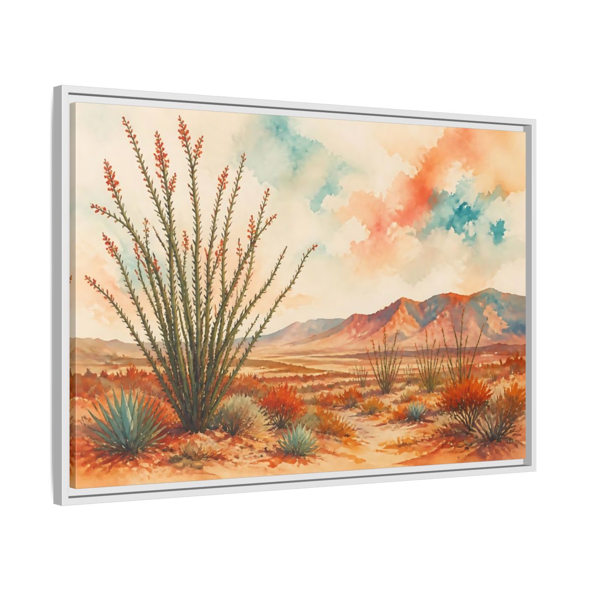 Side Mockup 9. Sunlit Ocotillo Landscape shown as framed canvas print