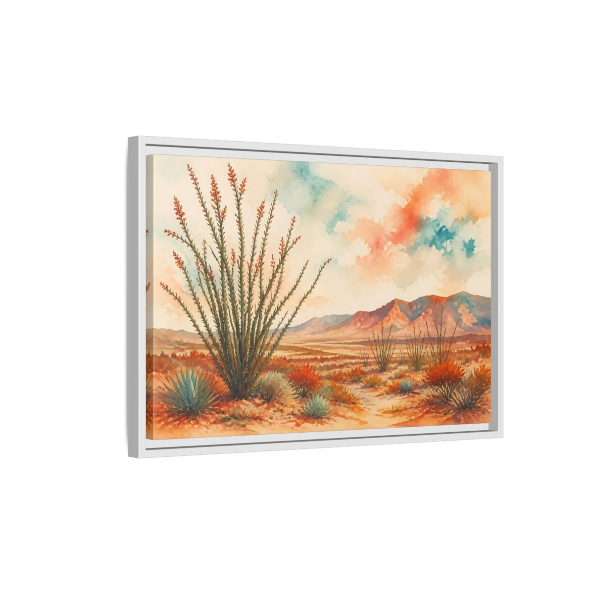 Side Mockup 1. Sunlit Ocotillo Landscape shown as framed canvas print