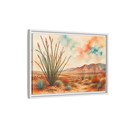 Side Mockup 1. Sunlit Ocotillo Landscape shown as framed canvas print