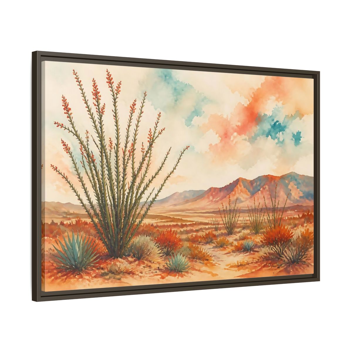 Main Mockup. Sunlit Ocotillo Landscape shown as framed canvas print