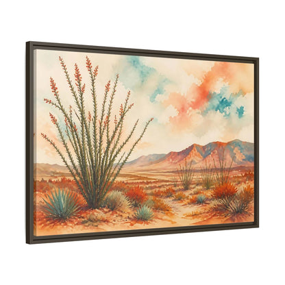 Main Mockup. Sunlit Ocotillo Landscape shown as framed canvas print