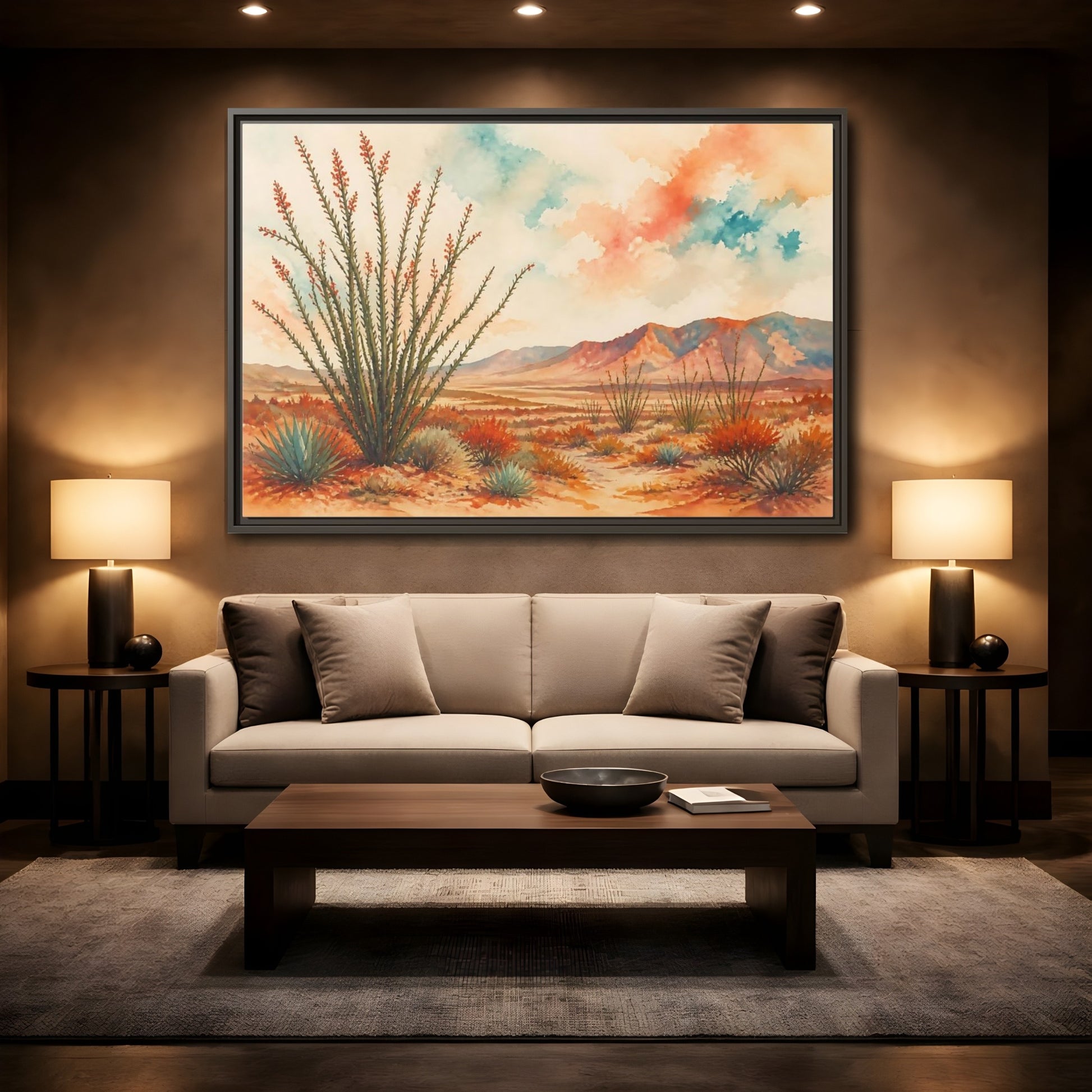 Mockup 2. Sunlit Ocotillo Landscape shown as framed canvas print