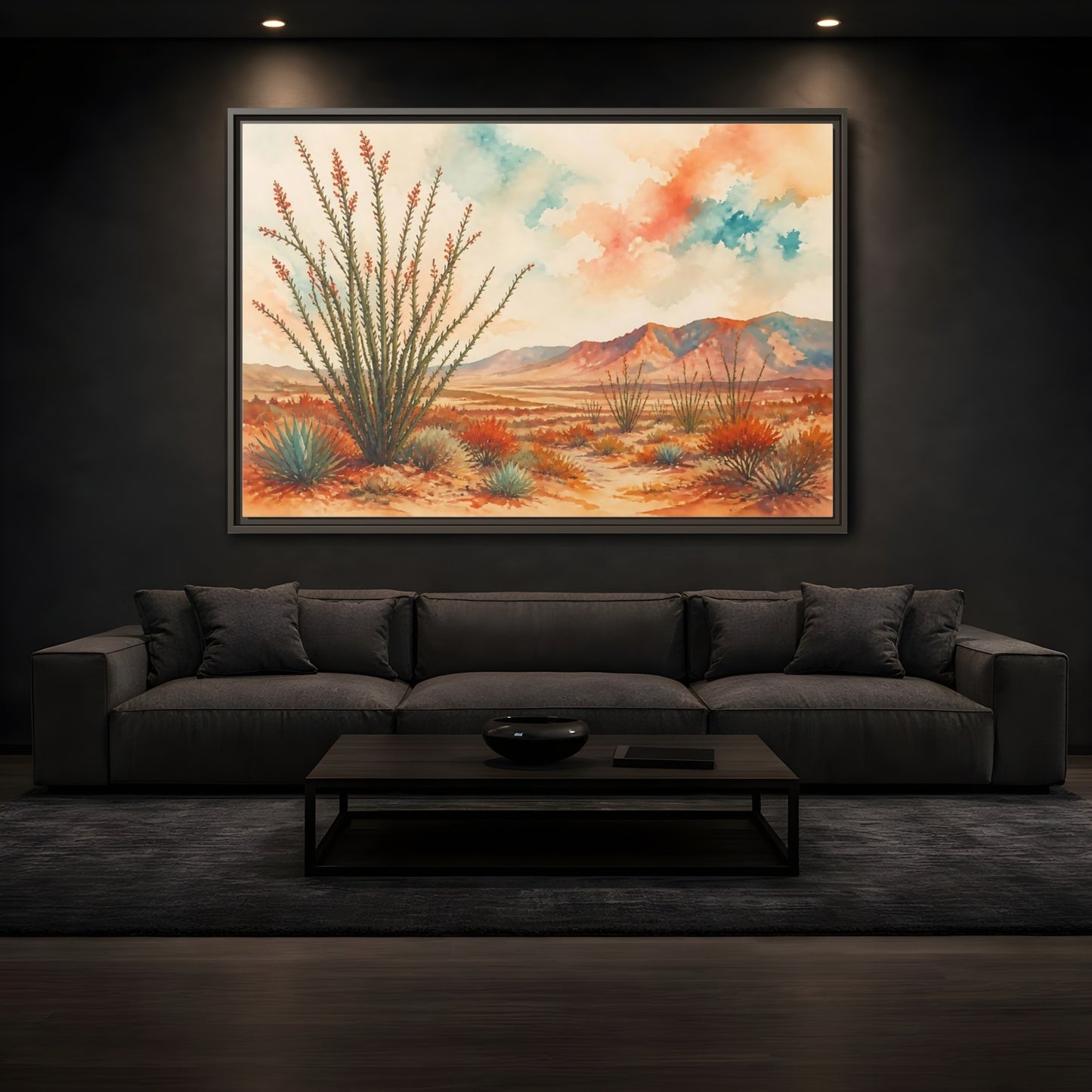 Mockup 3. Sunlit Ocotillo Landscape shown as framed canvas print