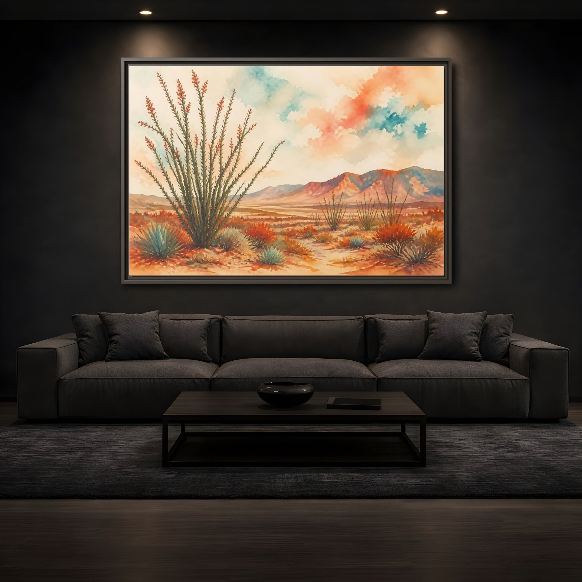 Mockup 3. Sunlit Ocotillo Landscape shown as framed canvas print