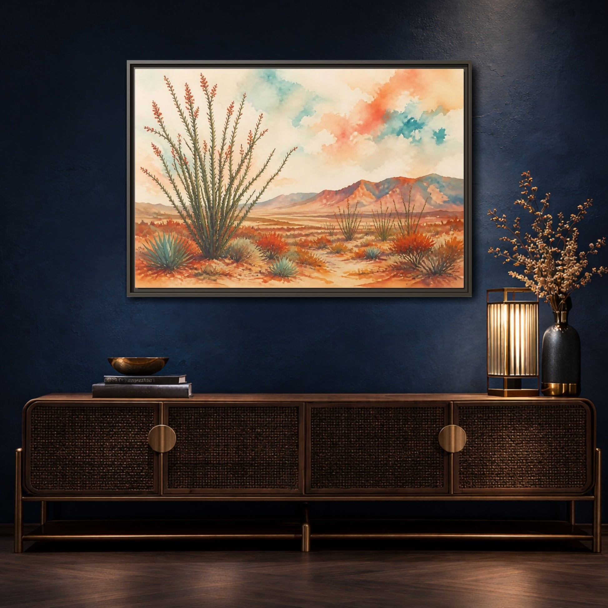Mockup 4. Sunlit Ocotillo Landscape shown as framed canvas print