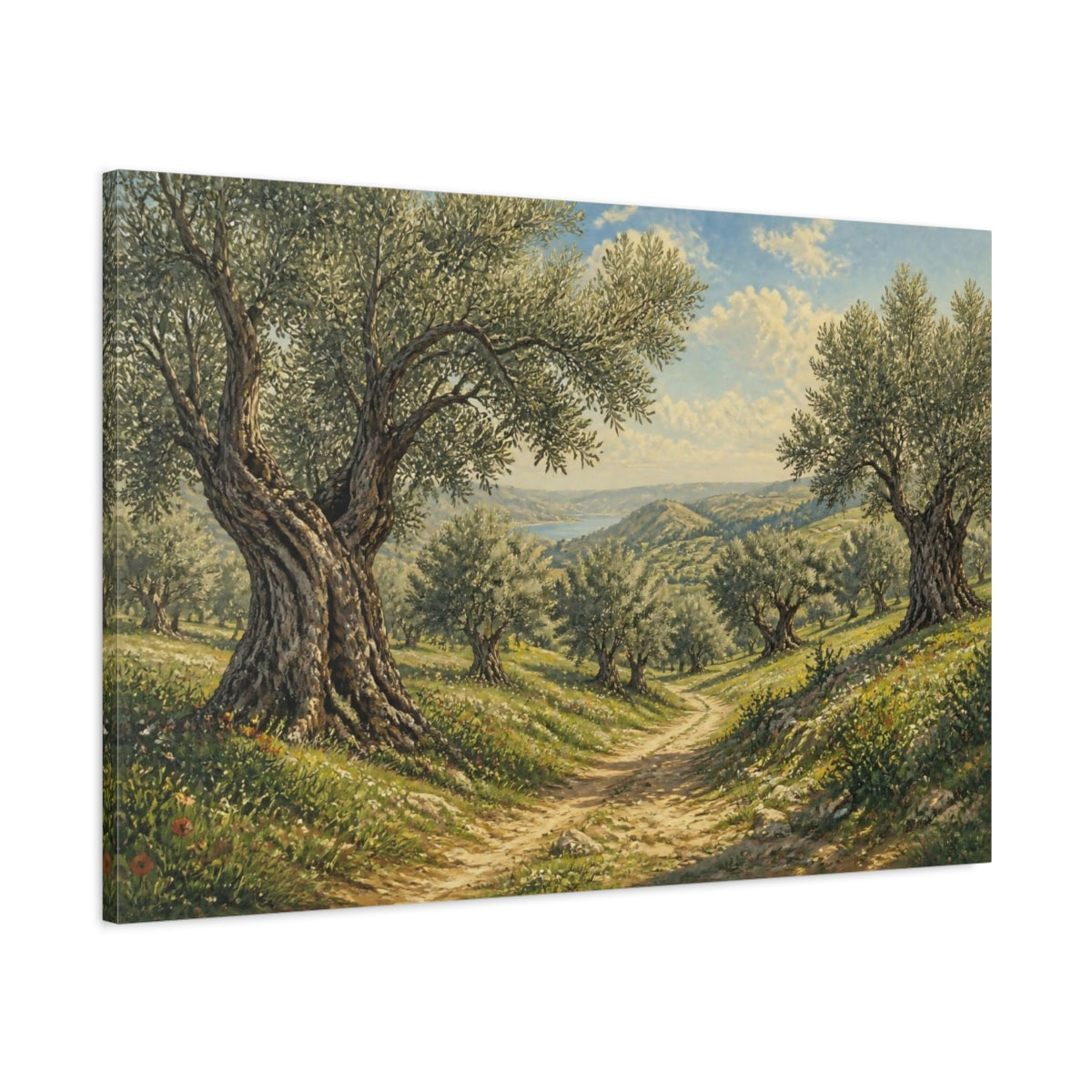 Main Mockup. Sunlit Olive Landscape shown as canvas print