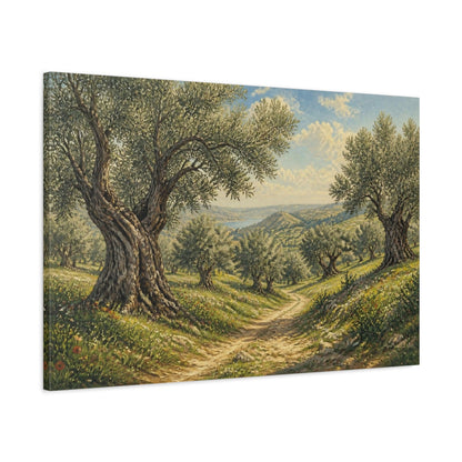 Main Mockup. Sunlit Olive Landscape shown as canvas print