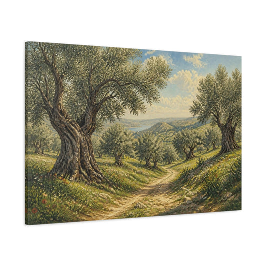 Main Mockup. Sunlit Olive Landscape shown as canvas print