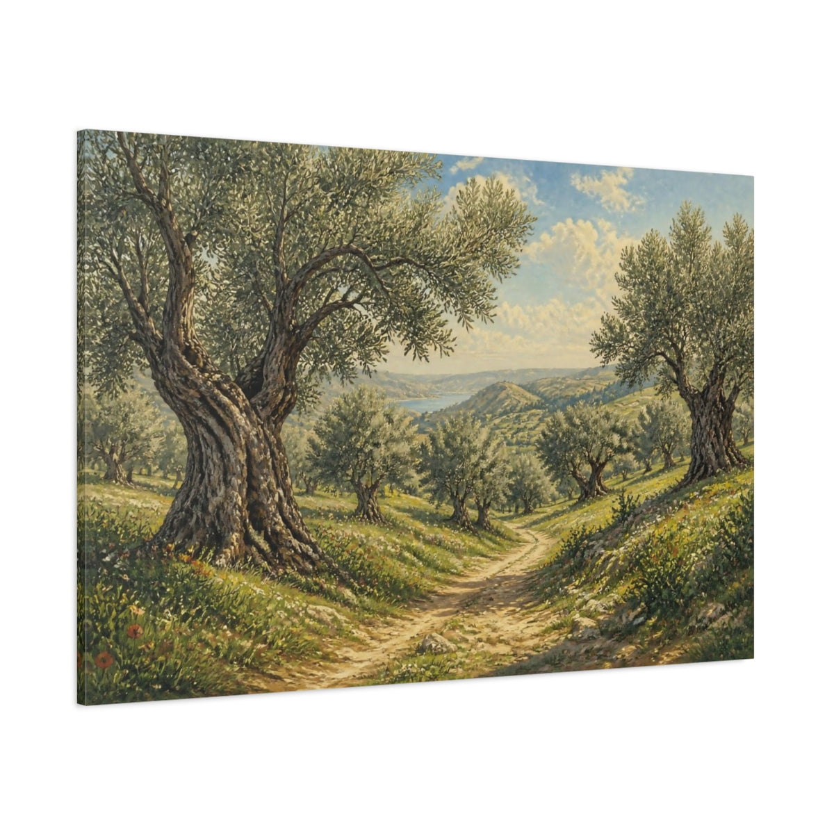 Side Mockup 1. Sunlit Olive Landscape shown as canvas print