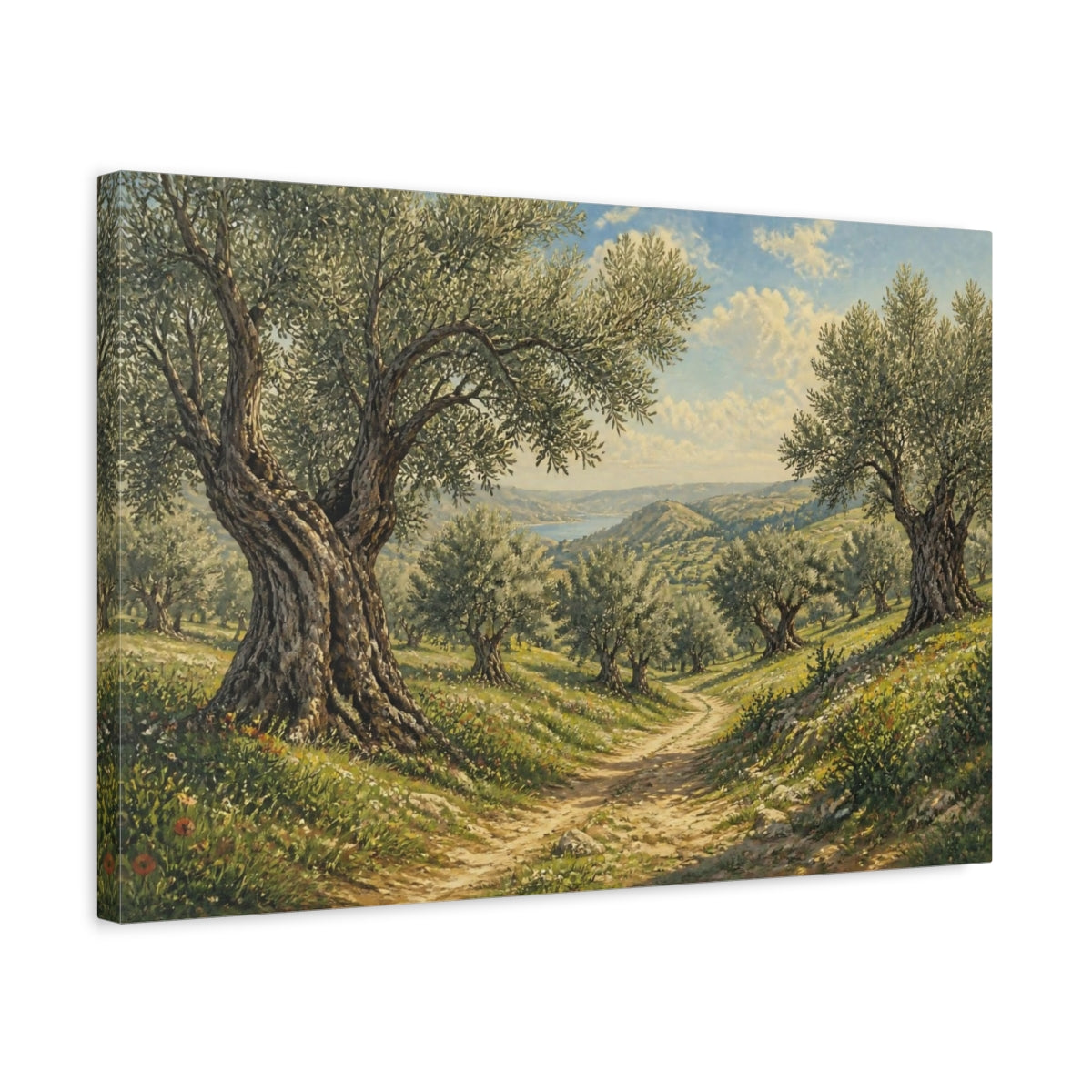 Side Mockup 3. Sunlit Olive Landscape shown as canvas print