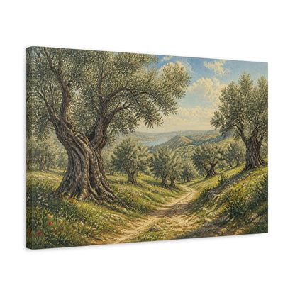 Side Mockup 3. Sunlit Olive Landscape shown as canvas print