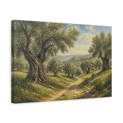 Side Mockup 4. Sunlit Olive Landscape shown as canvas print