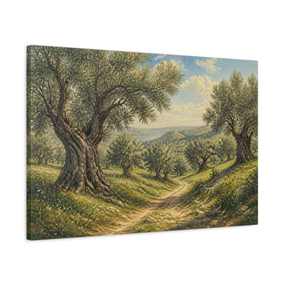 Side Mockup 2. Sunlit Olive Landscape shown as canvas print
