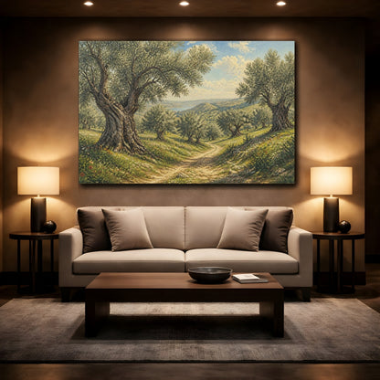 Mockup 2. Sunlit Olive Landscape shown as canvas print