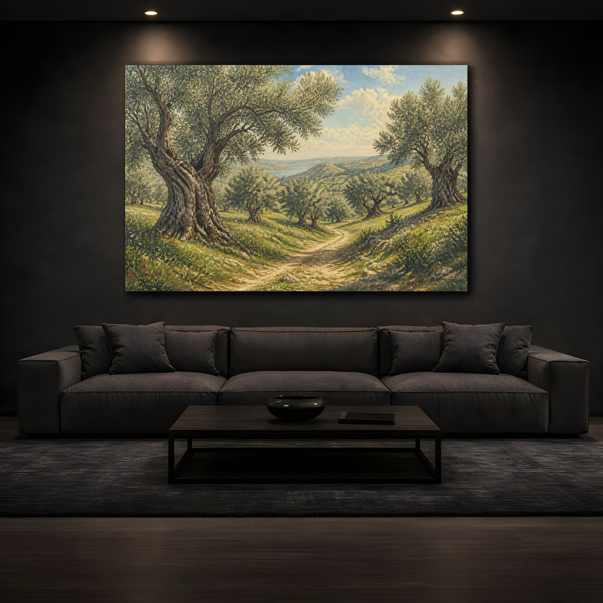 Mockup 3. Sunlit Olive Landscape shown as canvas print