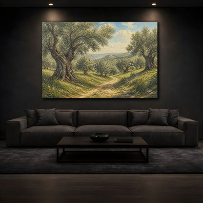 Mockup 3. Sunlit Olive Landscape shown as canvas print