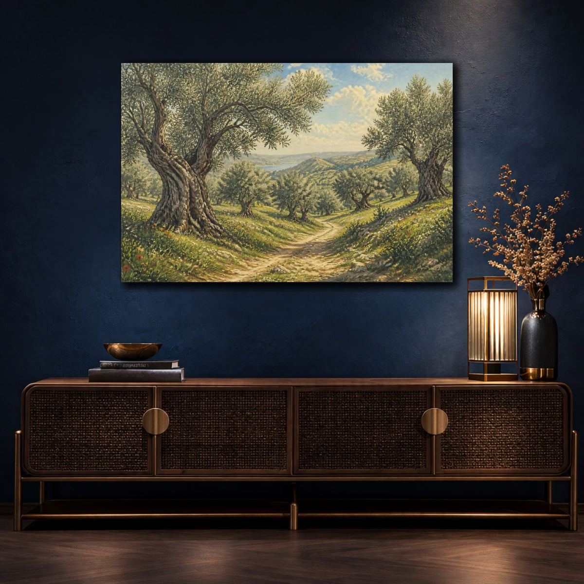 Mockup 4. Sunlit Olive Landscape shown as canvas print