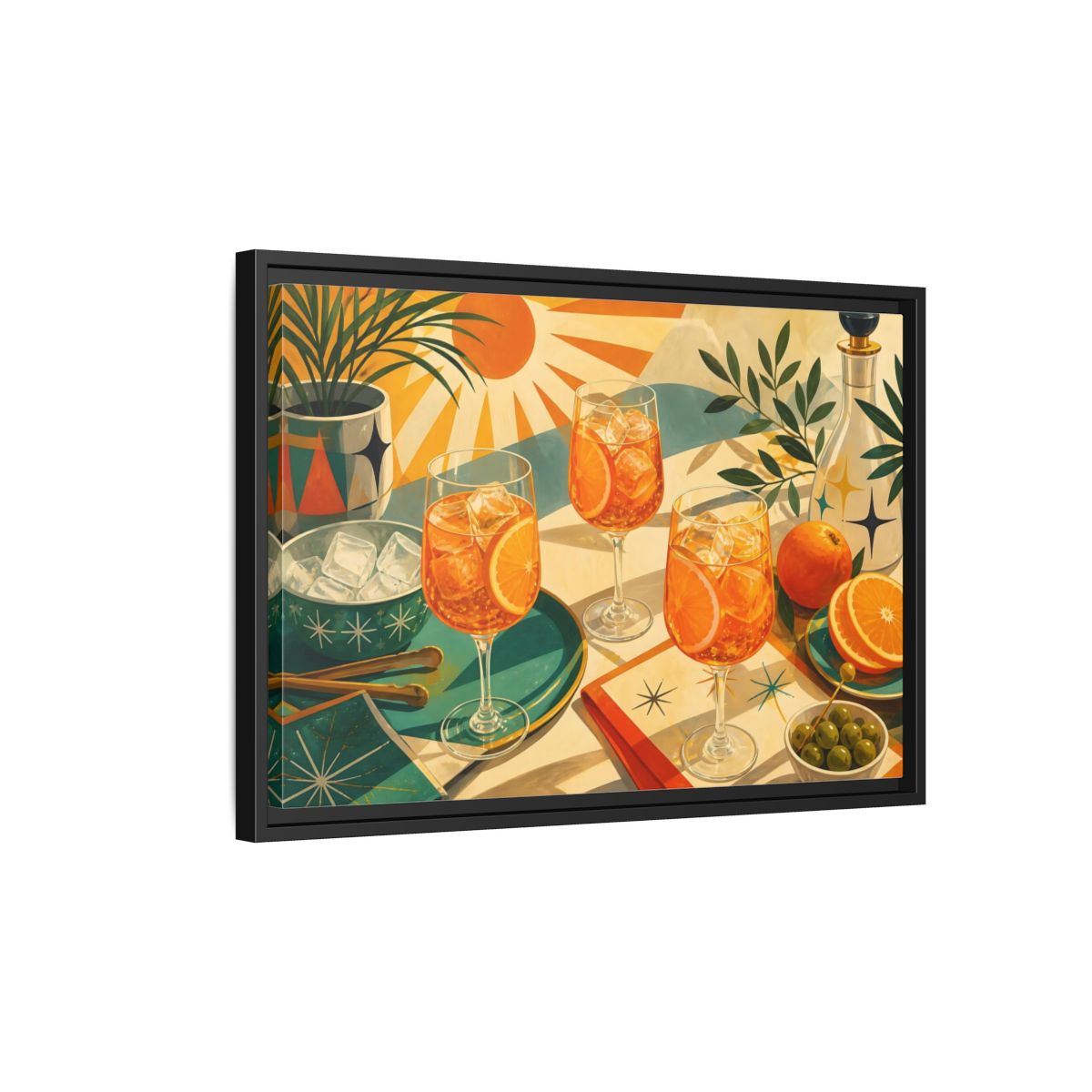 Side Mockup 3. Sunlit Orange Cocktails shown as framed canvas print