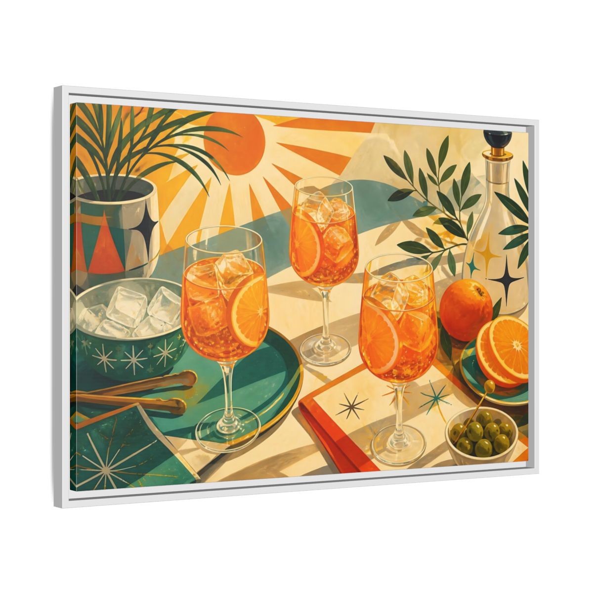 Side Mockup 9. Sunlit Orange Cocktails shown as framed canvas print
