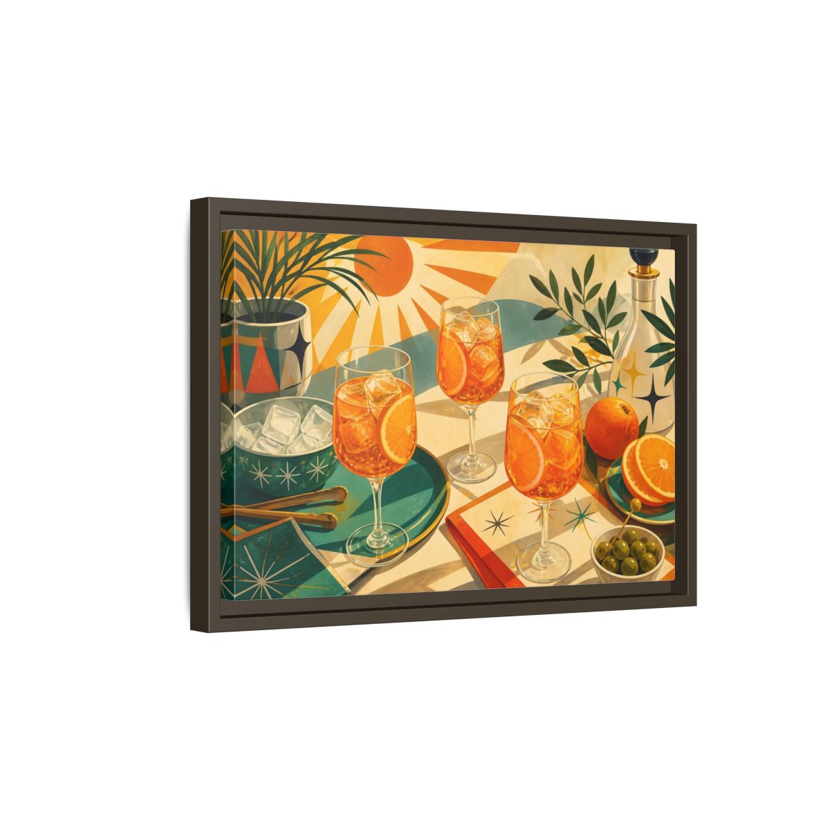Side Mockup 5. Sunlit Orange Cocktails shown as framed canvas print