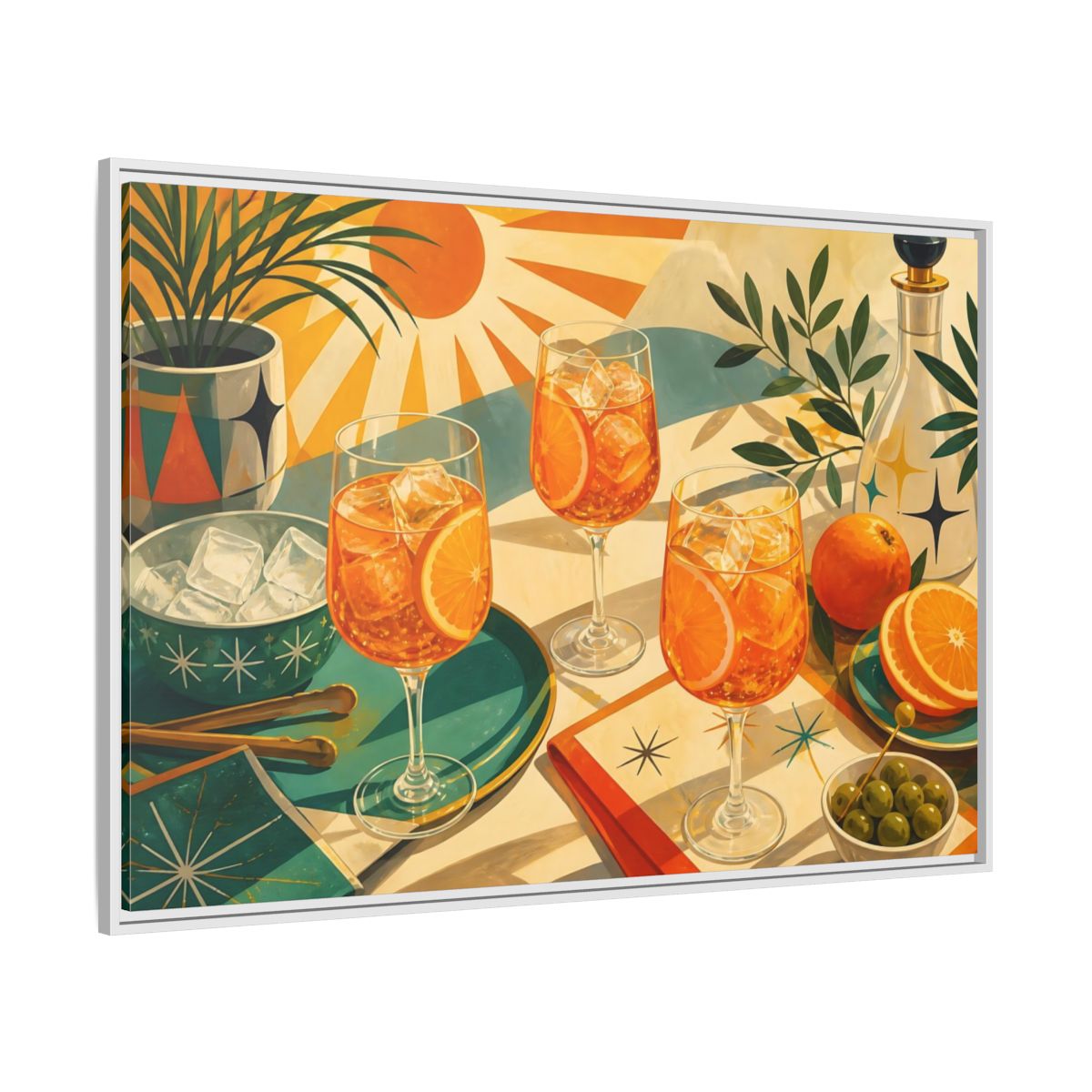 Side Mockup 7. Sunlit Orange Cocktails shown as framed canvas print