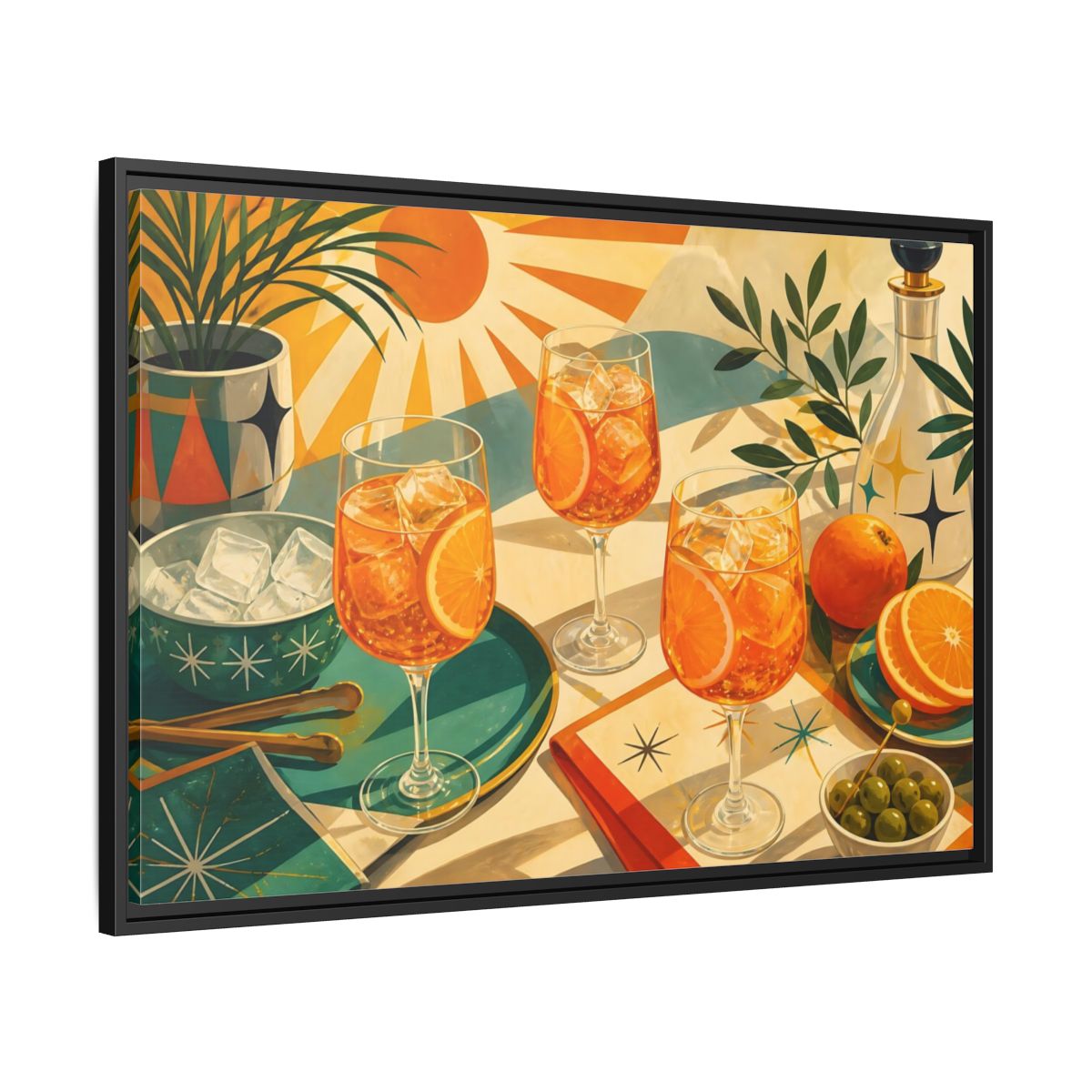 Side Mockup 13. Sunlit Orange Cocktails shown as framed canvas print