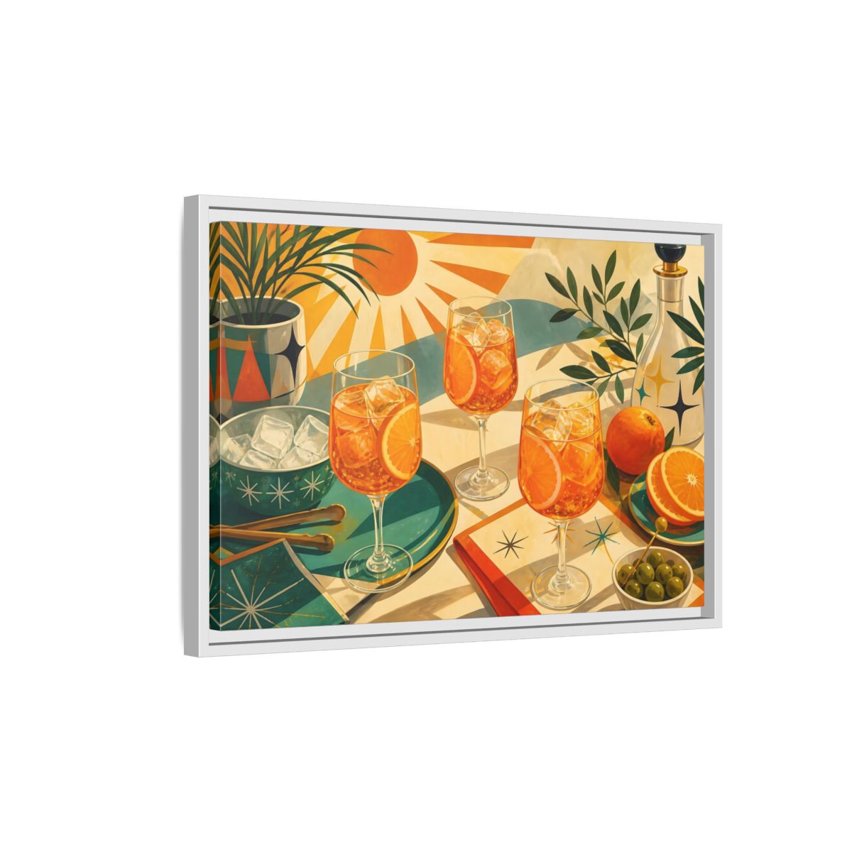 Side Mockup 1. Sunlit Orange Cocktails shown as framed canvas print