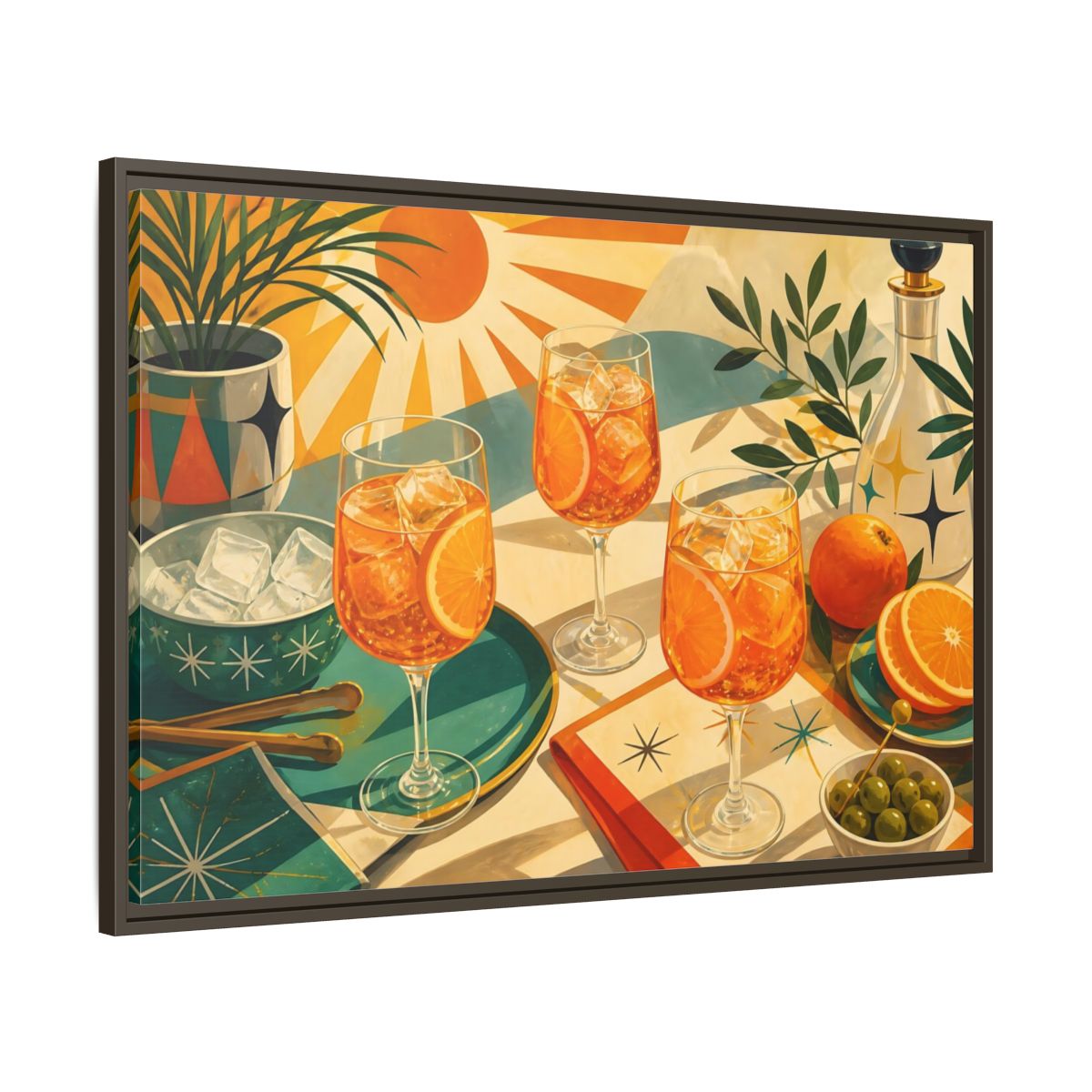 Main Mockup. Sunlit Orange Cocktails shown as framed canvas print