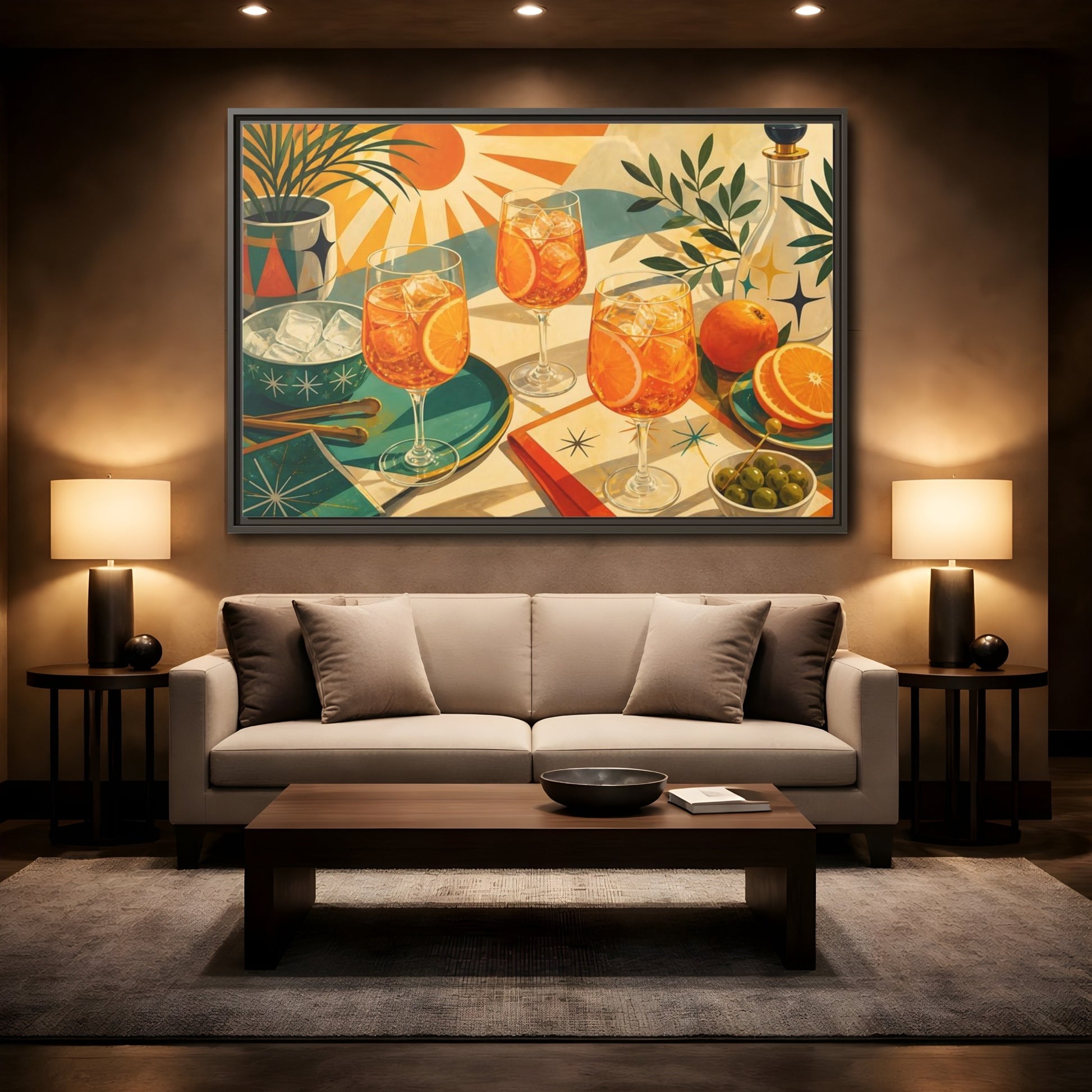 Mockup 2. Sunlit Orange Cocktails shown as framed canvas print