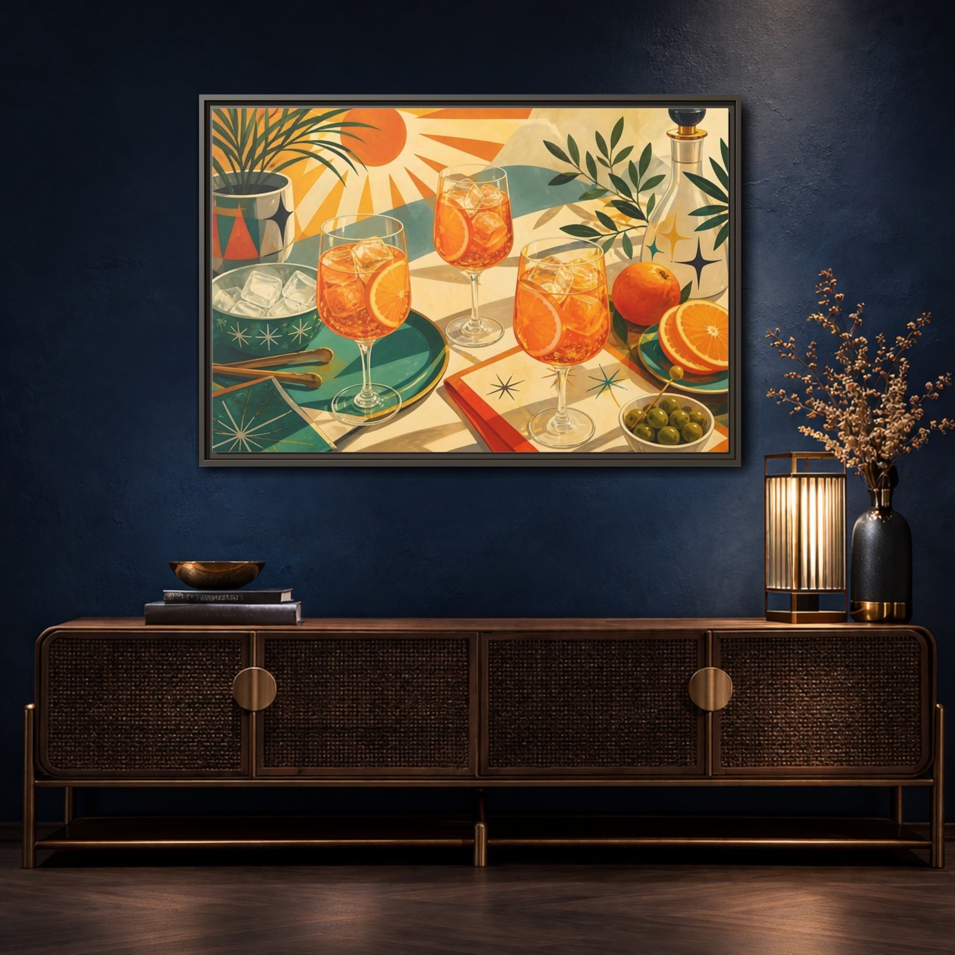 Mockup 4. Sunlit Orange Cocktails shown as framed canvas print