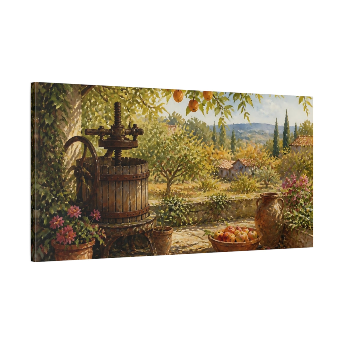 Main Mockup. Sunlit Orchard Winepress shown as canvas print