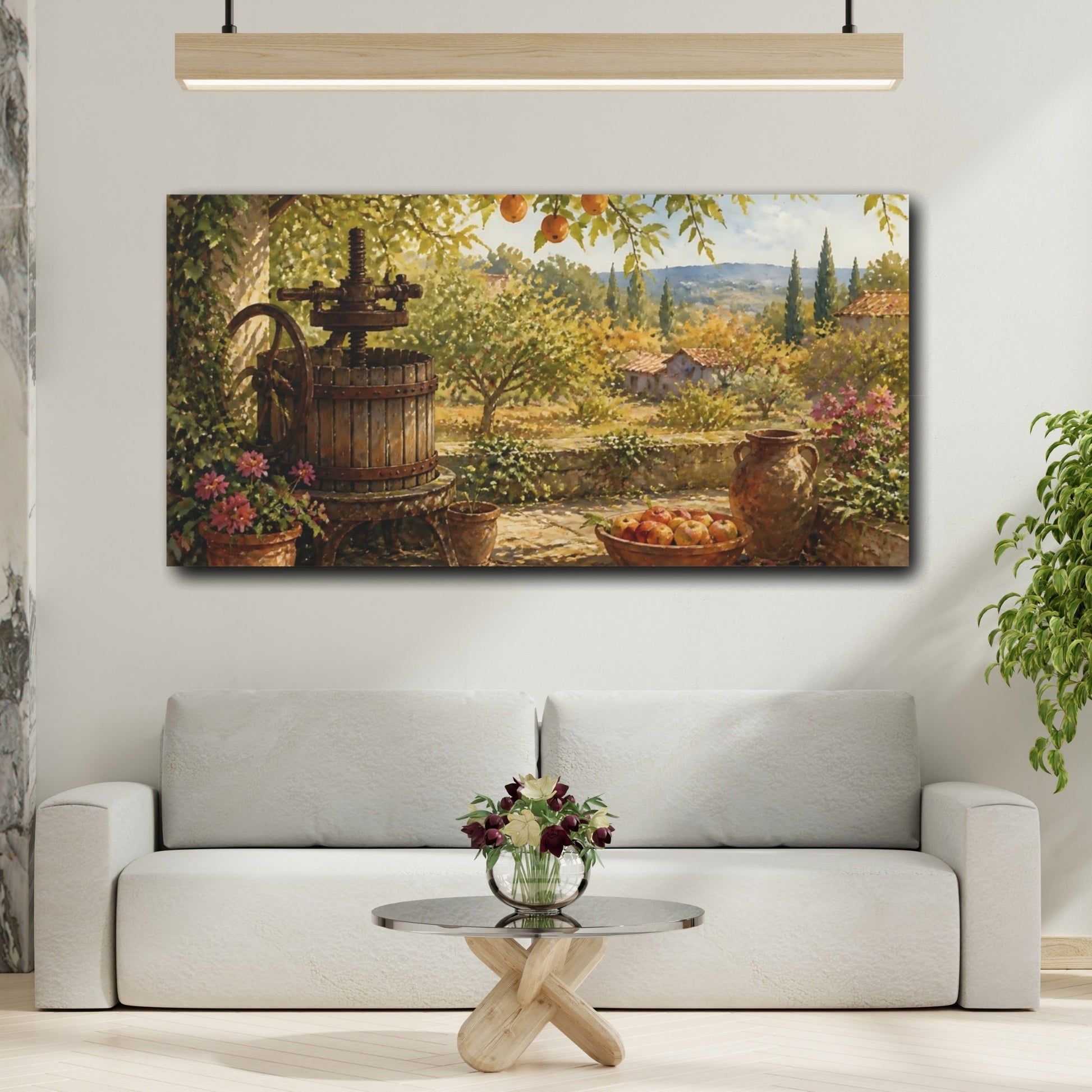 Mockup 2. Sunlit Orchard Winepress shown as canvas print
