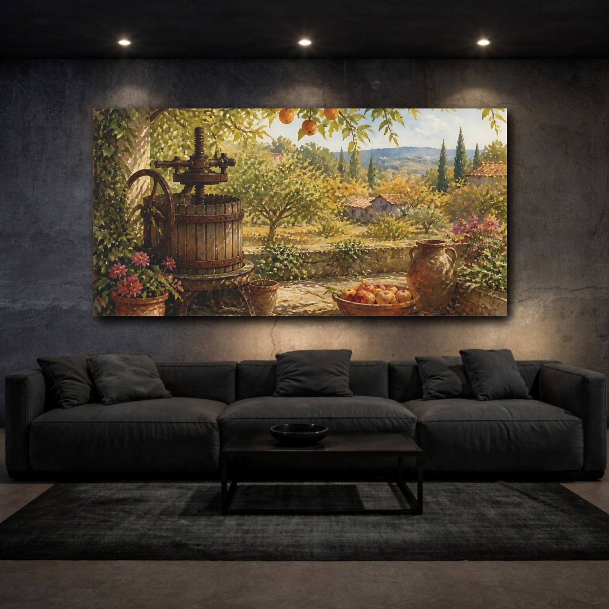 Mockup 3. Sunlit Orchard Winepress shown as canvas print