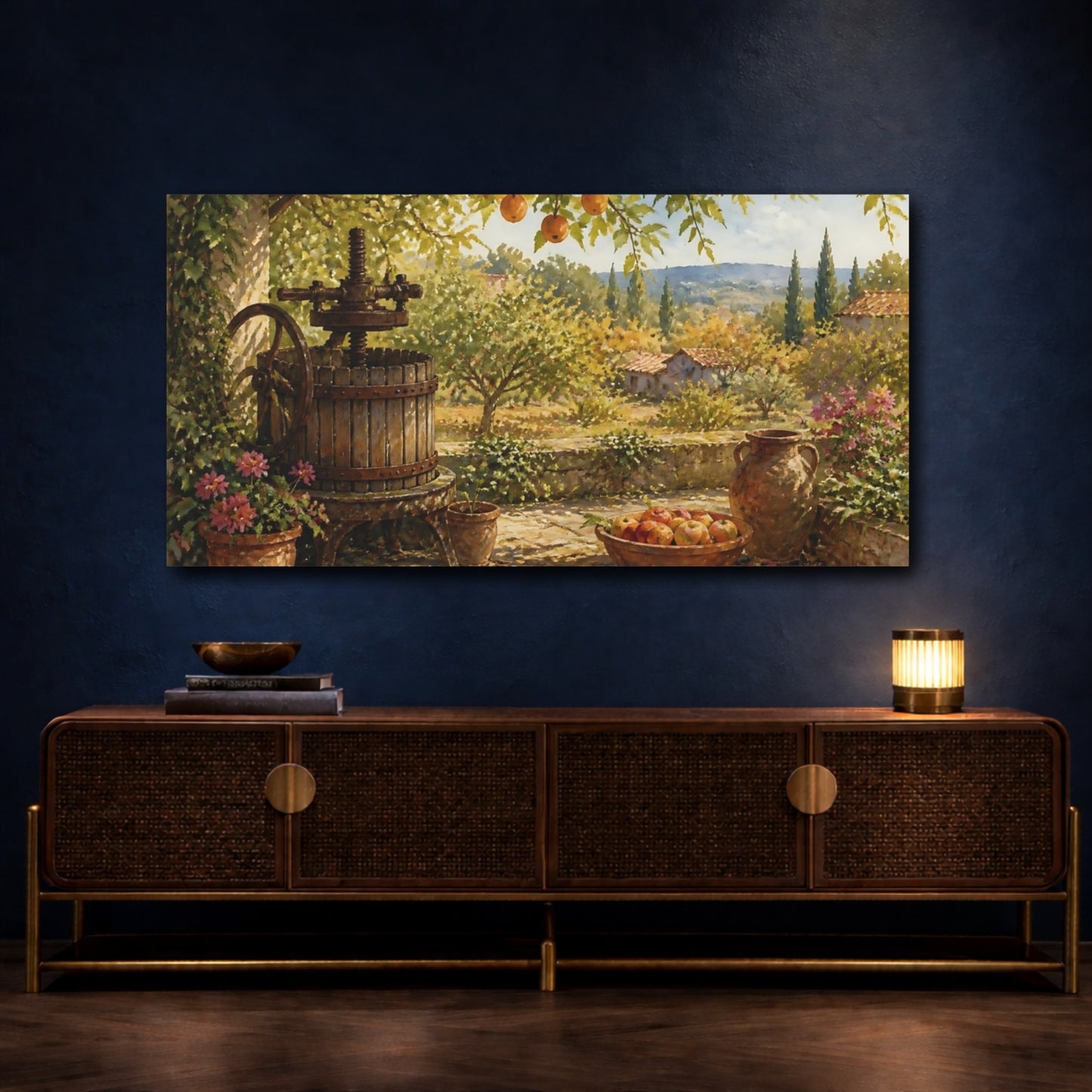 Mockup 4. Sunlit Orchard Winepress shown as canvas print