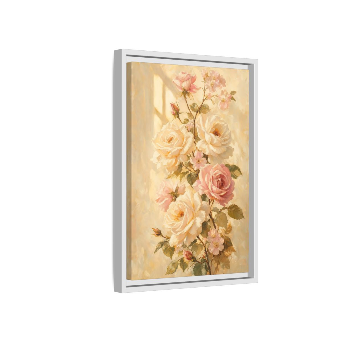Side Mockup 4. Sunlit Peach Rose Bouquet shown as framed canvas print