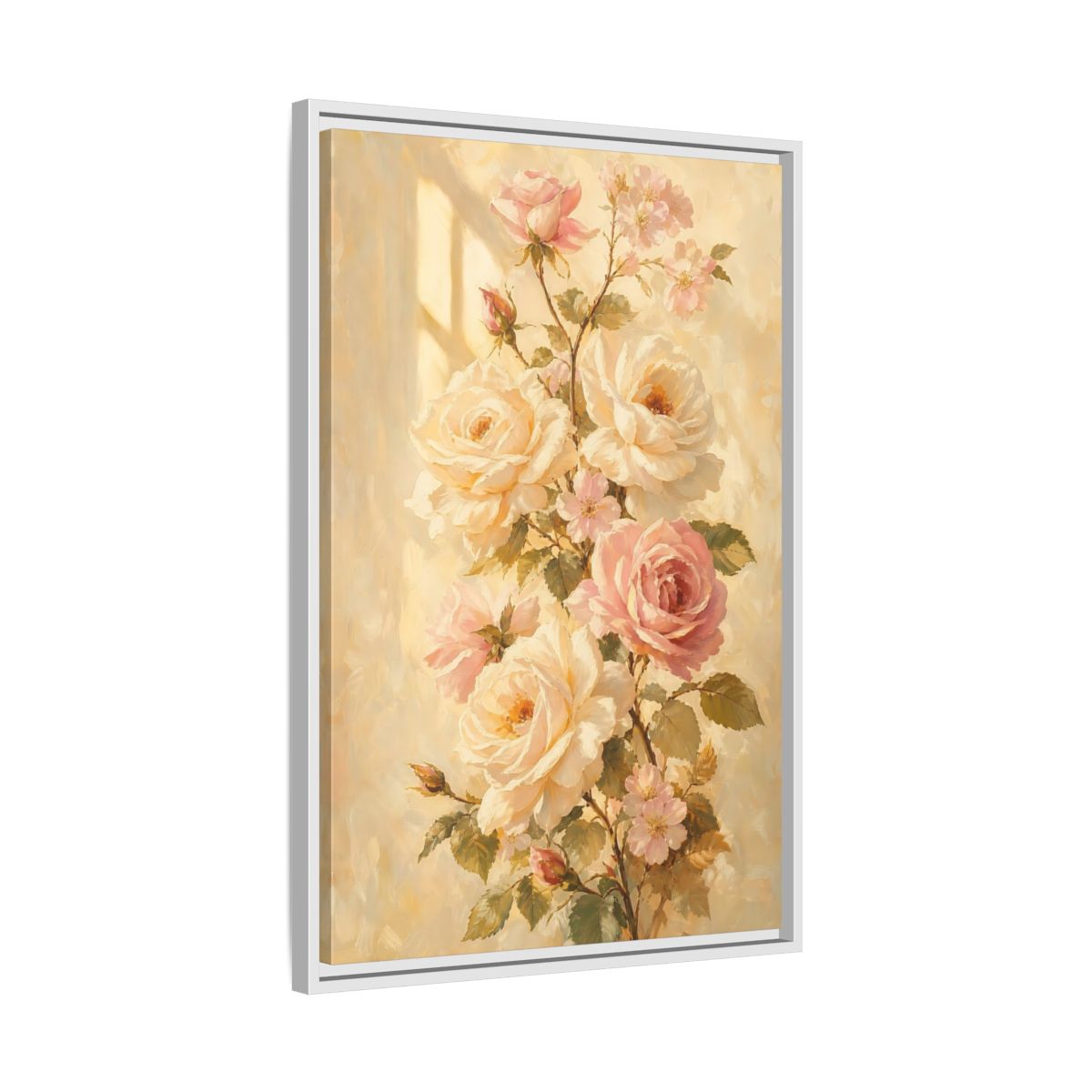 Side Mockup 10. Sunlit Peach Rose Bouquet shown as framed canvas print
