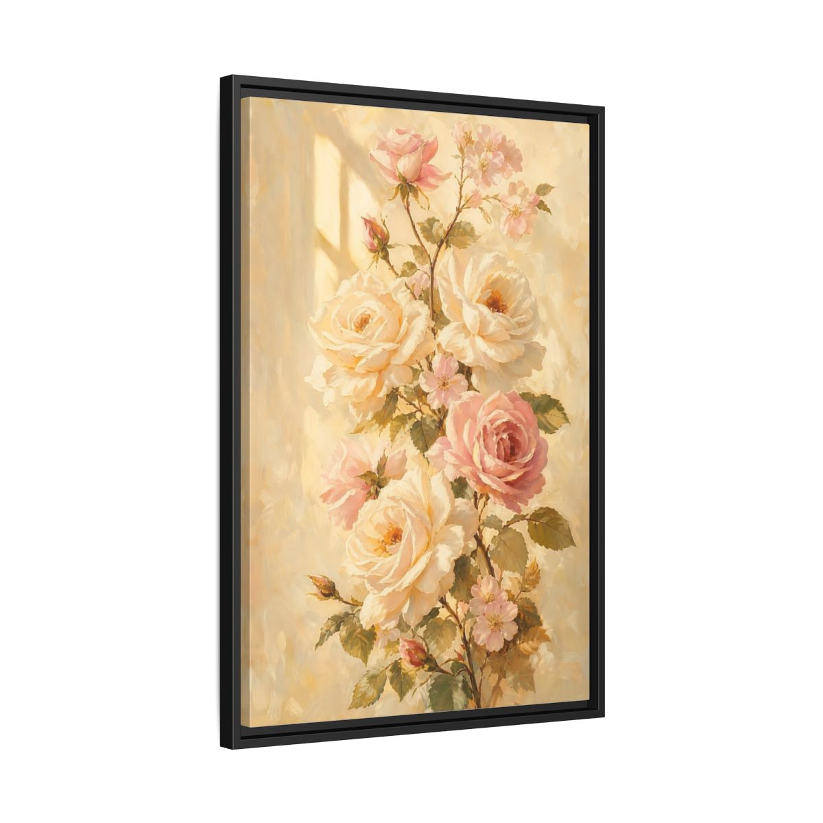 Side Mockup 14. Sunlit Peach Rose Bouquet shown as framed canvas print