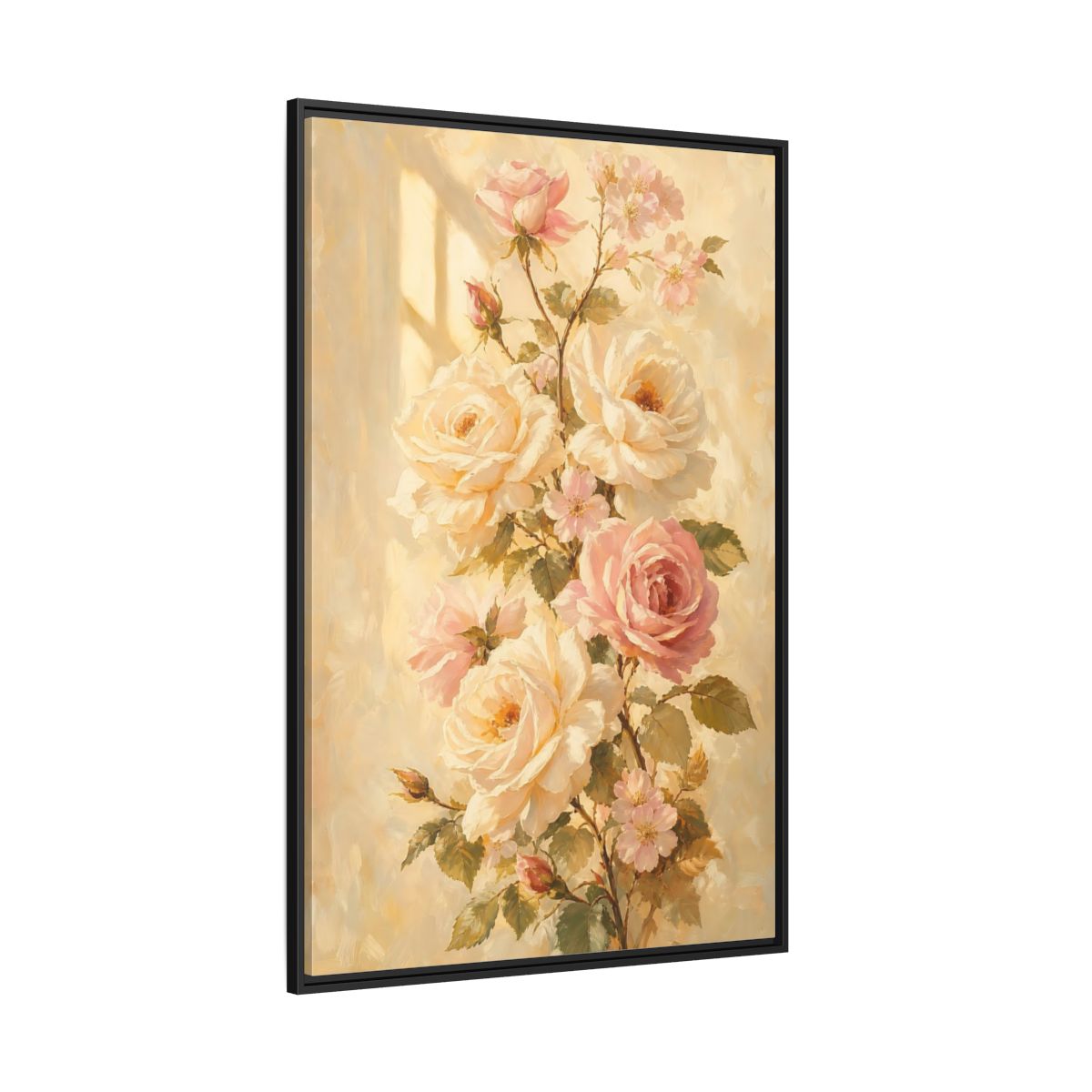 Side Mockup 12. Sunlit Peach Rose Bouquet shown as framed canvas print