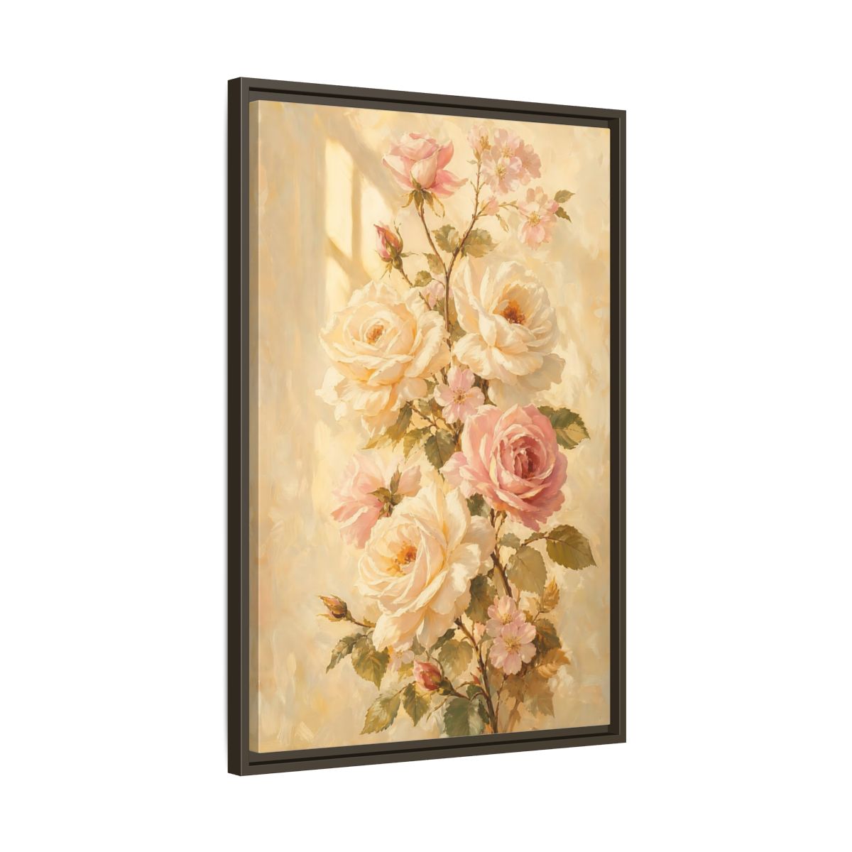 Side Mockup 11. Sunlit Peach Rose Bouquet shown as framed canvas print