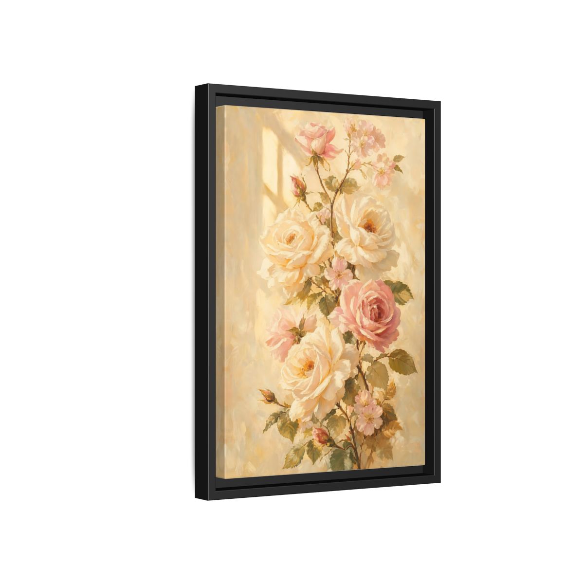 Side Mockup 6. Sunlit Peach Rose Bouquet shown as framed canvas print