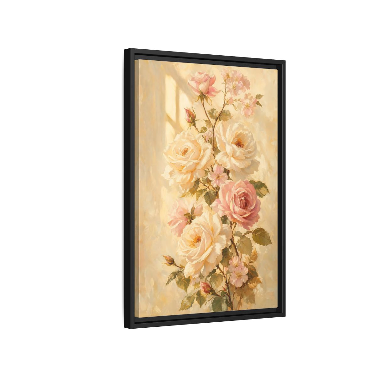 Side Mockup 3. Sunlit Peach Rose Bouquet shown as framed canvas print