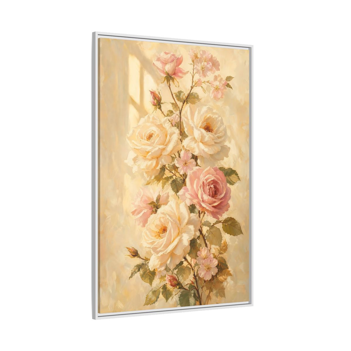 Side Mockup 7. Sunlit Peach Rose Bouquet shown as framed canvas print