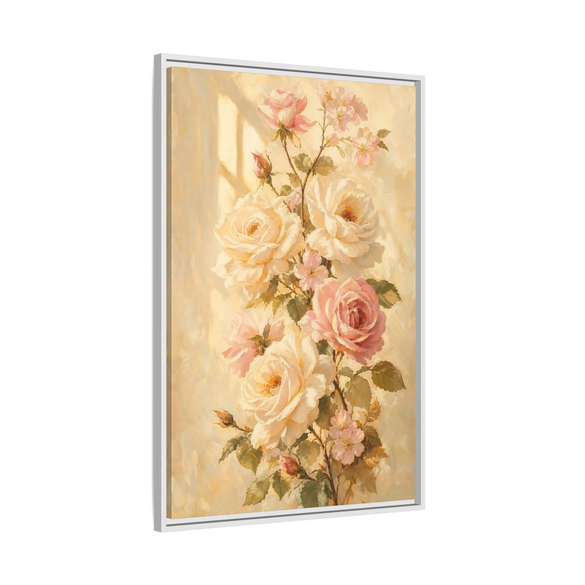 Side Mockup 9. Sunlit Peach Rose Bouquet shown as framed canvas print