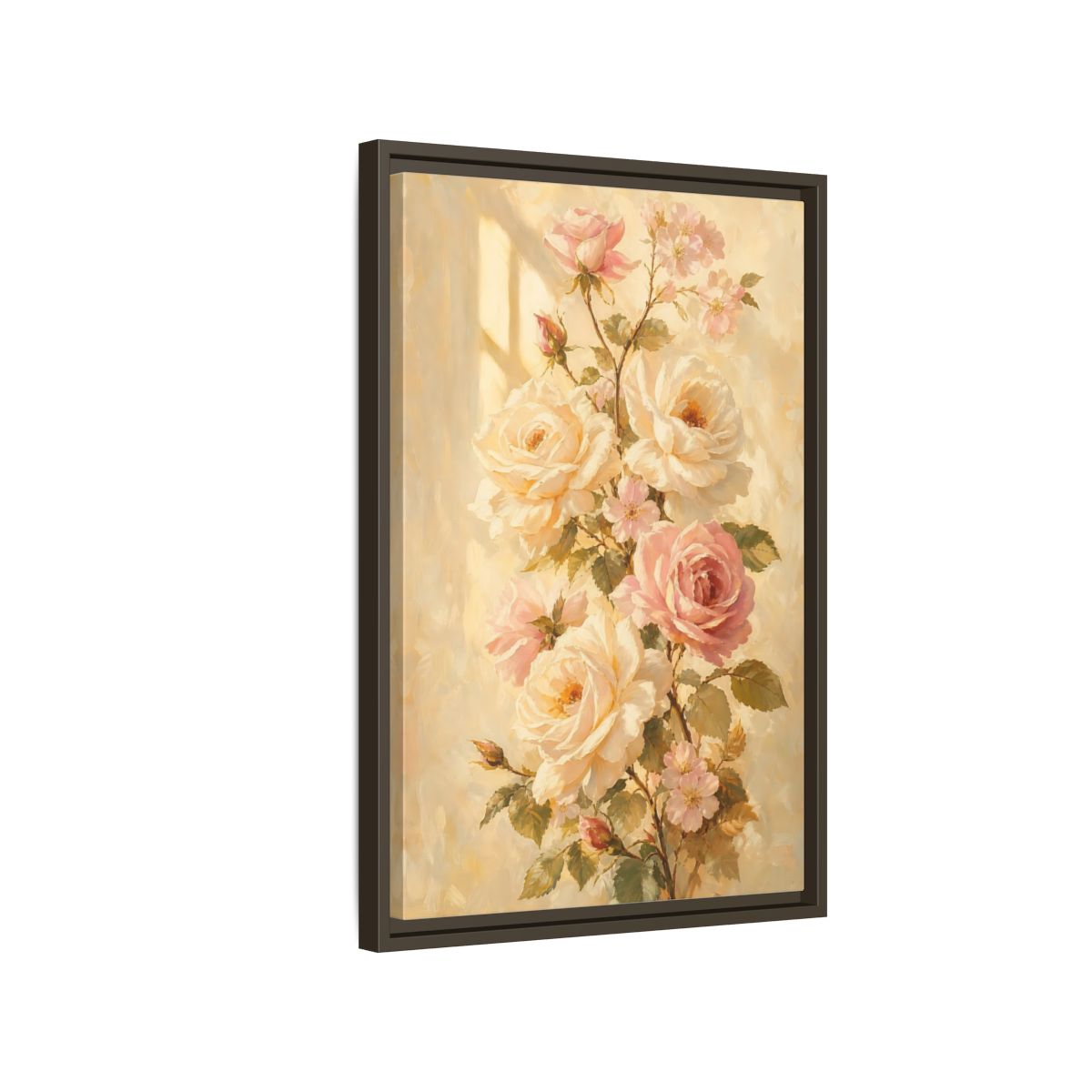 Side Mockup 2. Sunlit Peach Rose Bouquet shown as framed canvas print